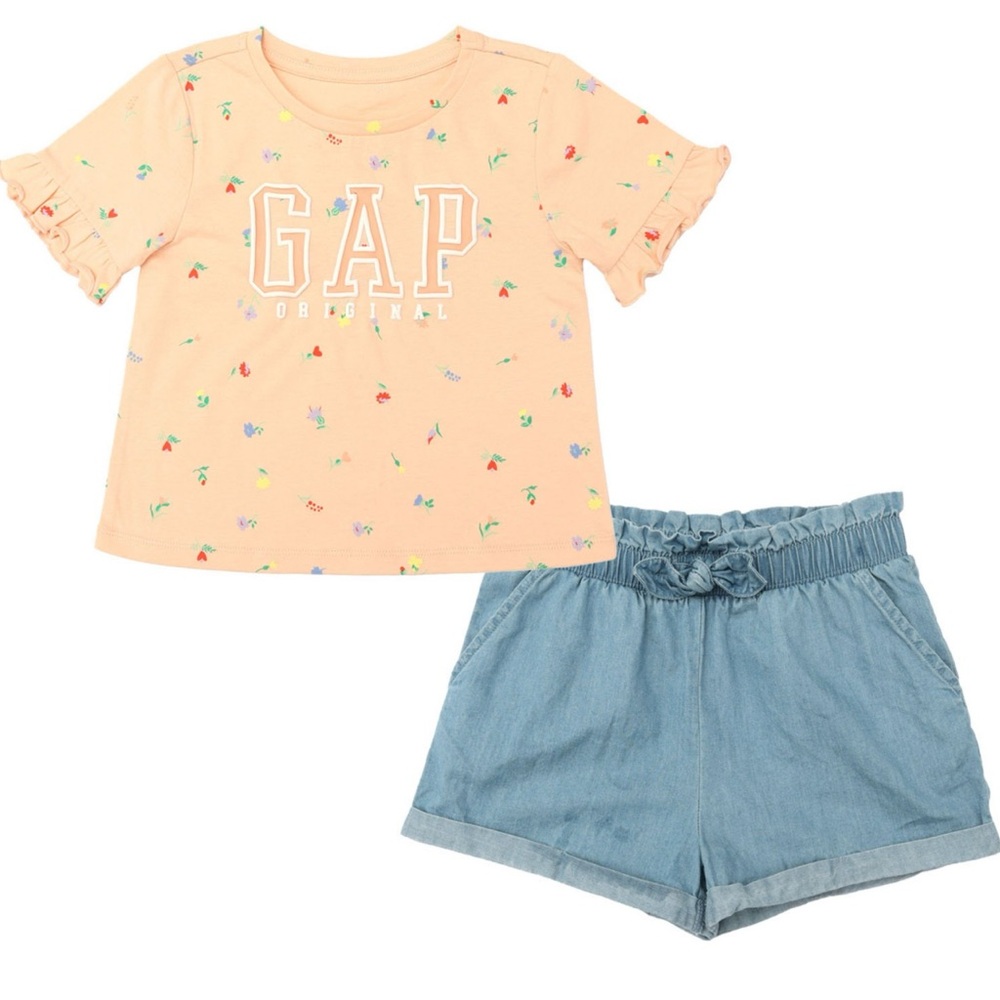 GAP Kids Peach Top and Denim Shorts Setgirls 2t gap shirt jeans set new with tag